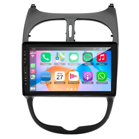 Kit Autoradio Android 14, DSP 4-32gb, Tasti fisici, USB-C / USB frontali e Carplay Adroid auto + mascherina e adattatori grande schermo 9" pollici Compatibile con: Peugeot 206 1998-2012