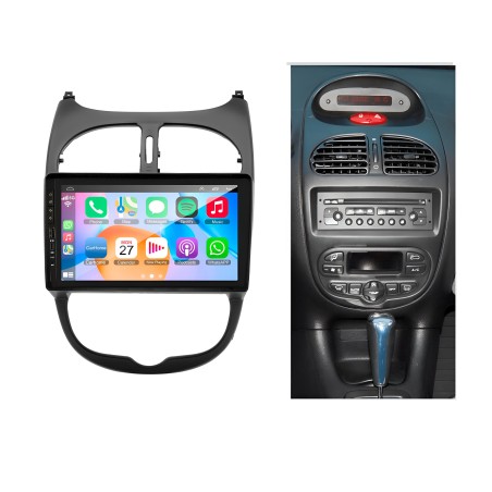 Kit Autoradio Android 14, DSP 4-32gb, Tasti fisici, USB-C / USB frontali e Carplay Adroid auto + mascherina e adattatori grande schermo 9" pollici Compatibile con: Peugeot 206 1998-2012